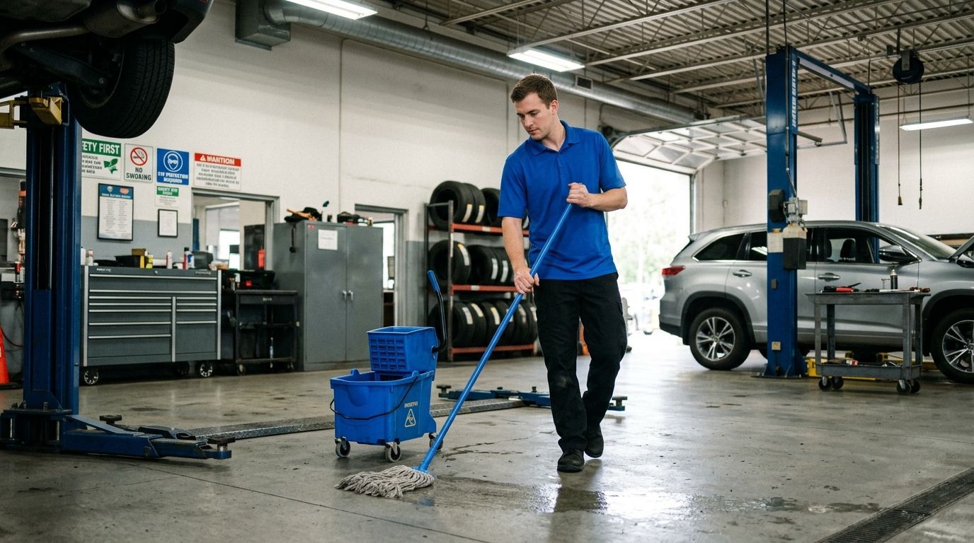 Cleaner mopping concrete floor in auto repair shop work area in Eden Prairie, MN