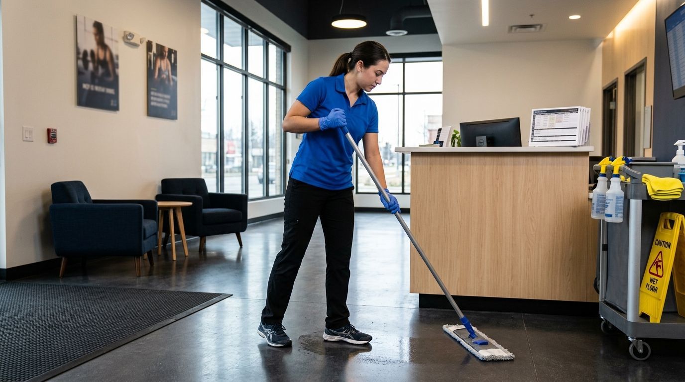 Cleaner mopping front desk lobby floor in fitness center in Eden Prairie, MN