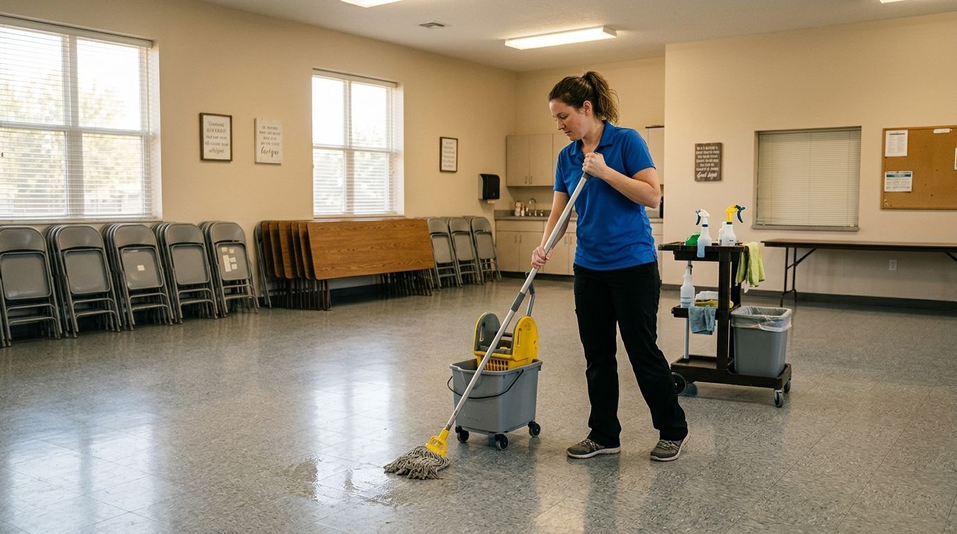 Cleaner mopping hard floor in church fellowship and community room in Eden Prairie, MN