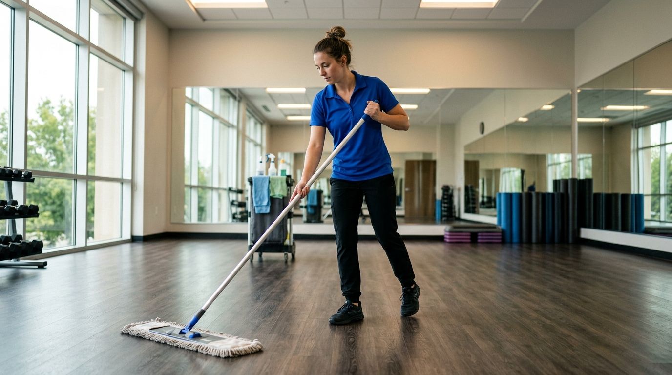 Cleaner mopping hardwood floor in fitness studio workout room in Eden Prairie, MN