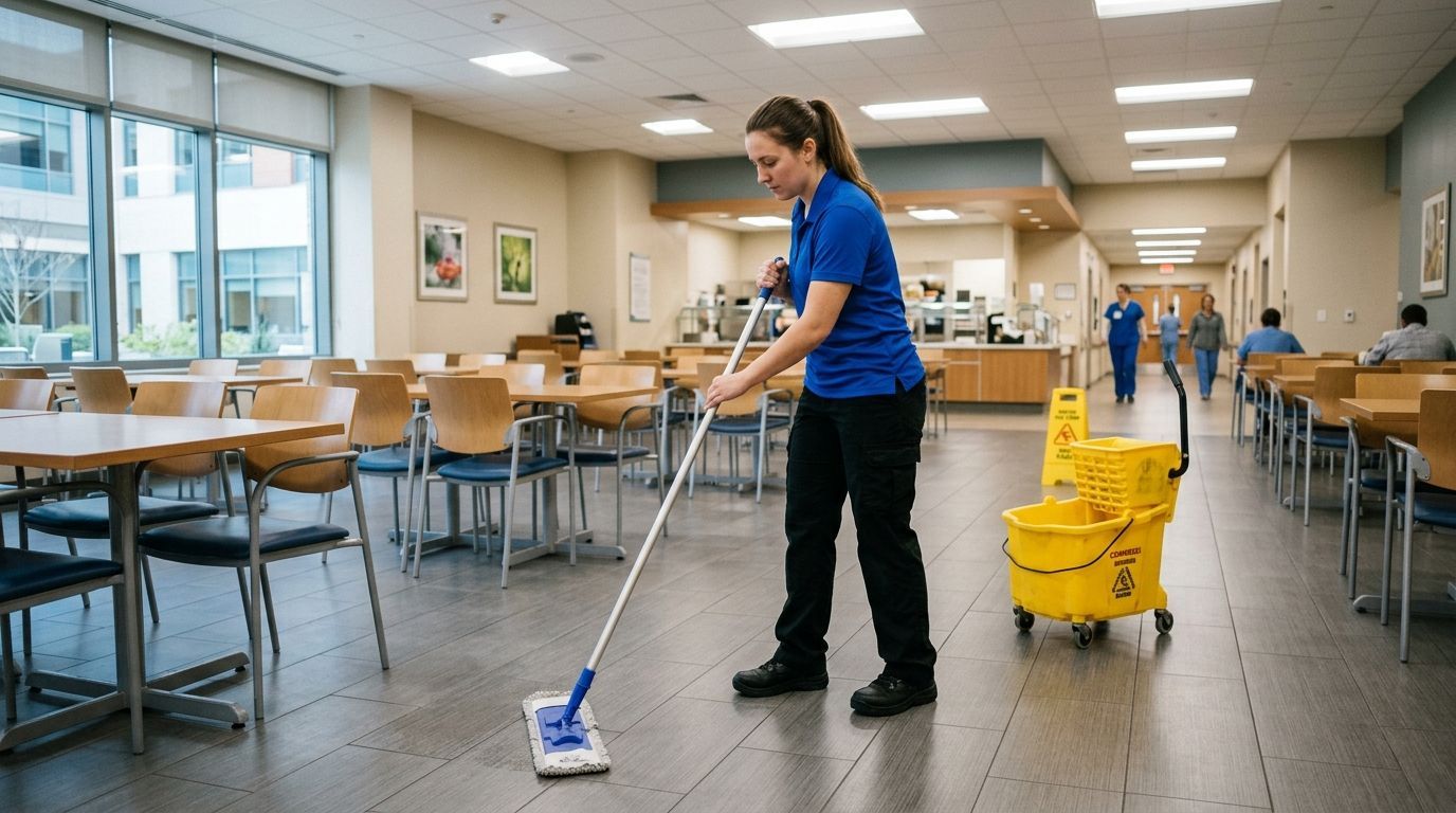 Cleaner mopping tile floor in cafeteria dining area in medical facility in Eden Prairie, MN