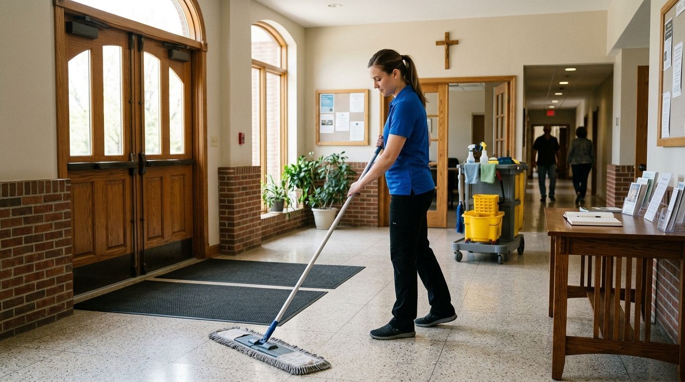 Cleaner mopping tile floor in church entryway and lobby in Eden Prairie, MN