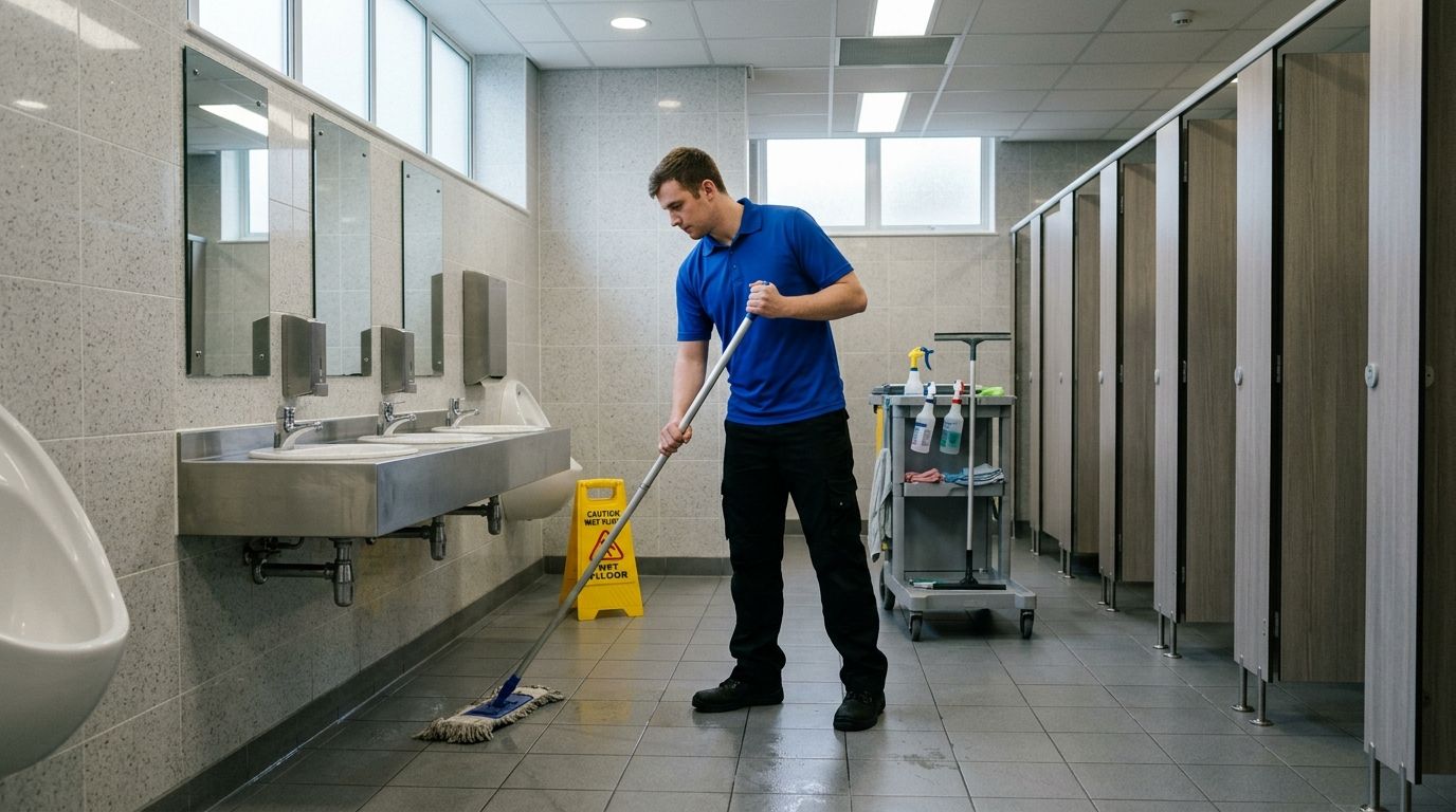 Cleaner mopping tile floor in commercial restroom facility in Eden Prairie, MN
