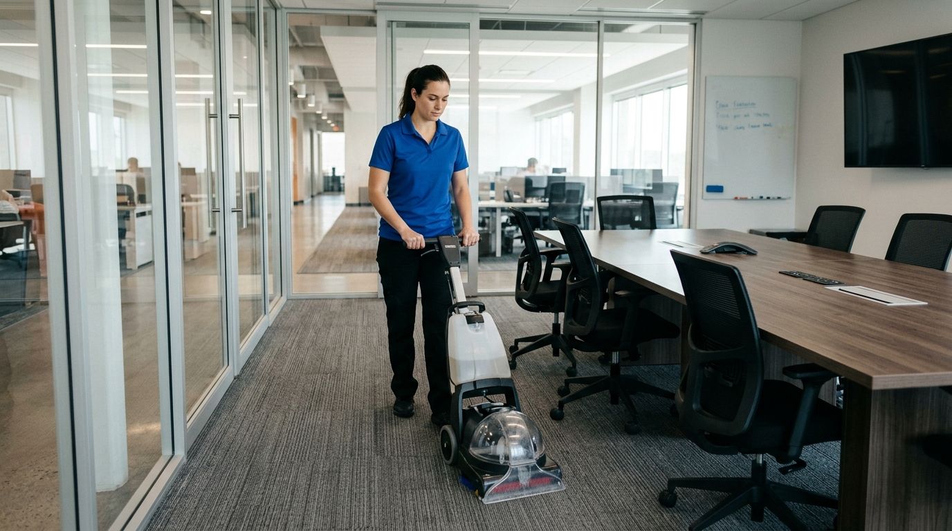 Cleaner operating carpet extractor in conference room area in commercial office in Eden Prairie, MN