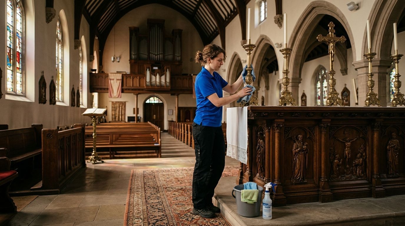 Cleaner polishing altar fixtures and religious decor in church sanctuary in Eden Prairie, MN