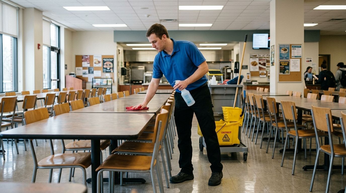 Cleaner sanitizing cafeteria tables in school dining area in Eden Prairie, MN