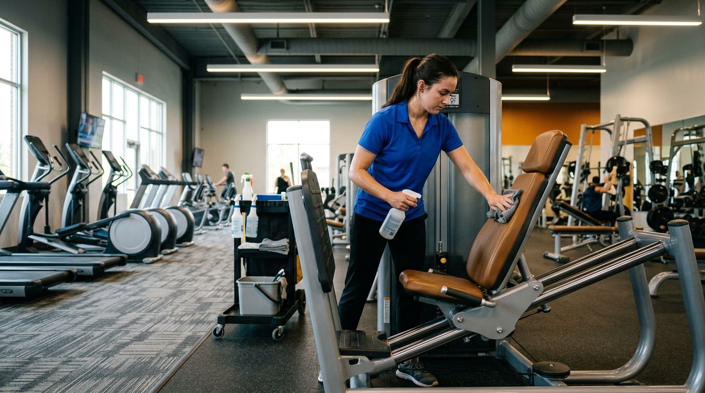 Cleaner sanitizing cardio and workout equipment in gym facility in Eden Prairie, MN