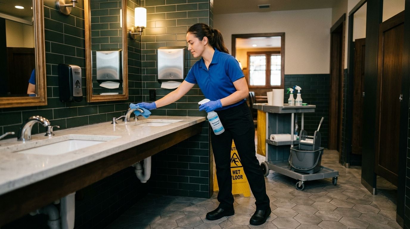 Cleaner sanitizing restroom sinks and countertops in commercial restroom facility in Eden Prairie, MN