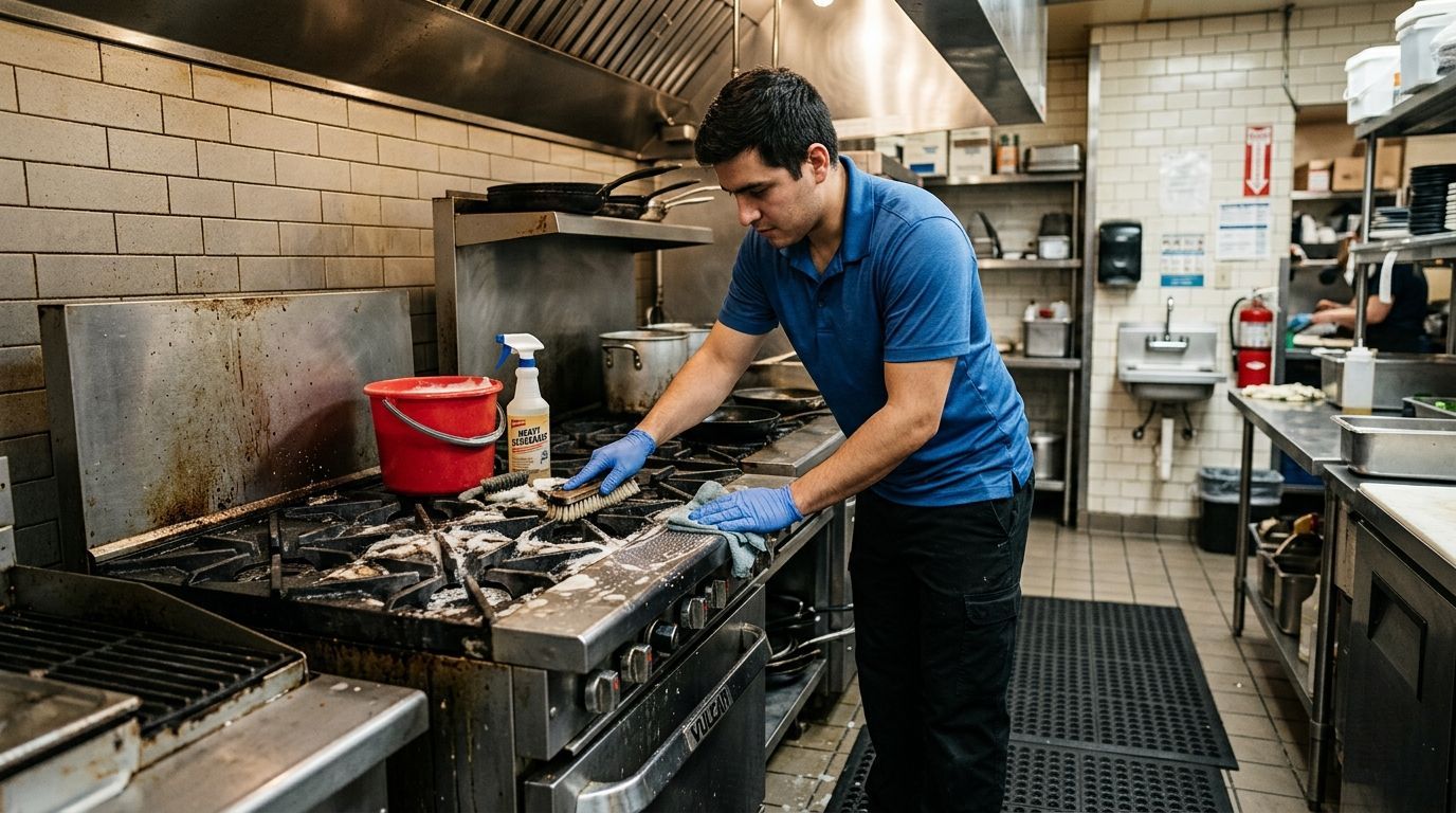 Cleaner scrubbing commercial kitchen stove and cooktop in restaurant kitchen in Eden Prairie, MN (1)
