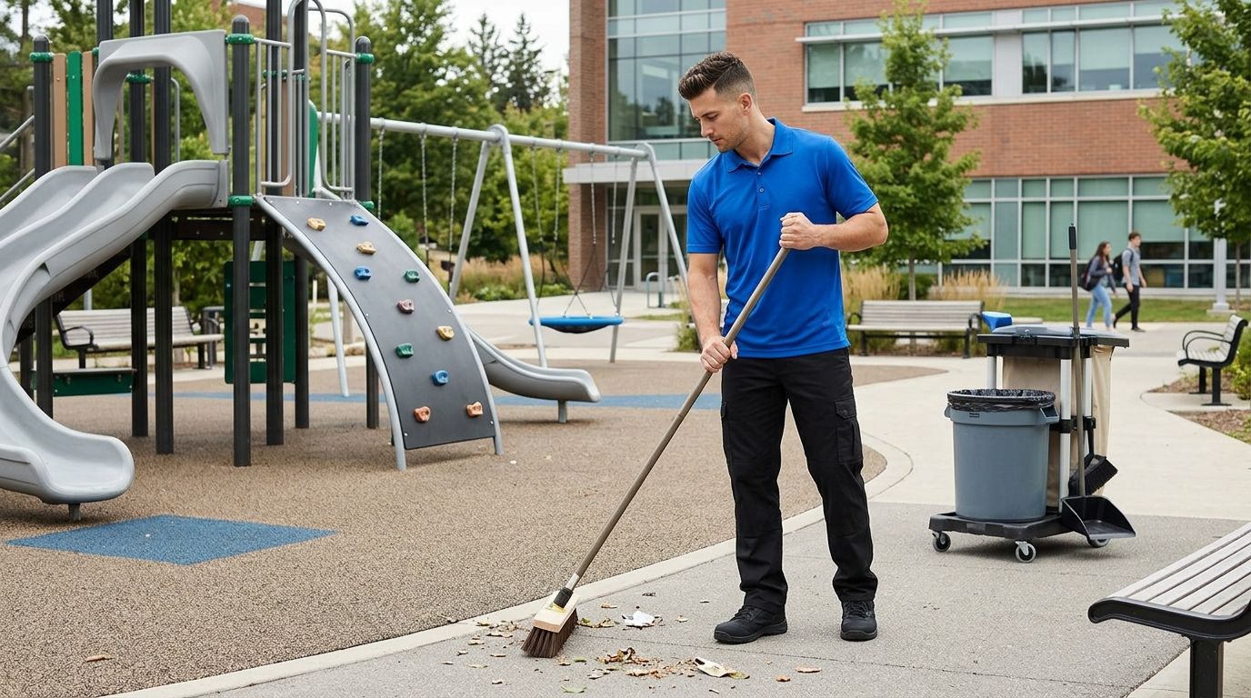 Cleaner sweeping debris from outdoor playground area at school facility in Eden Prairie, MN