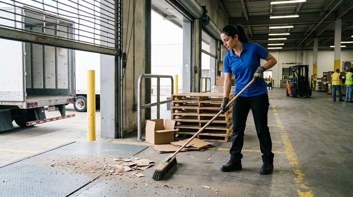 Cleaner sweeping debris near loading dock area in industrial warehouse in Eden Prairie, MN
