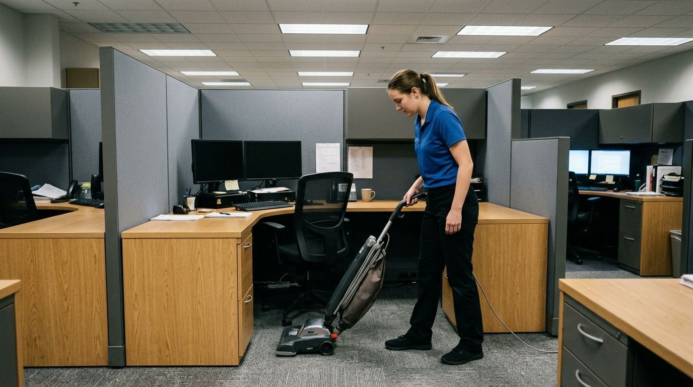 Cleaner vacuuming carpet in cubicle workspace area in commercial office in Eden Prairie, MN