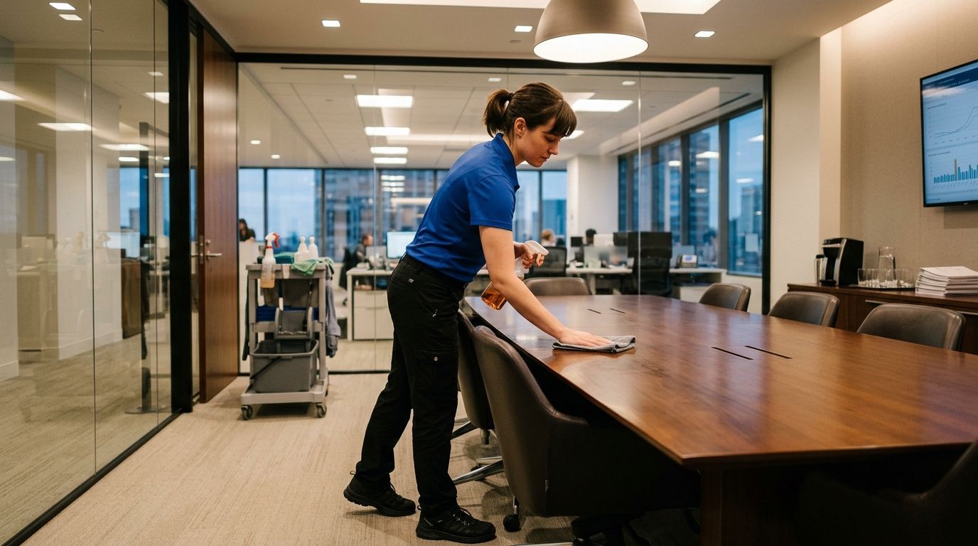 Cleaner wiping conference room table and chairs in corporate office in Eden Prairie, MN
