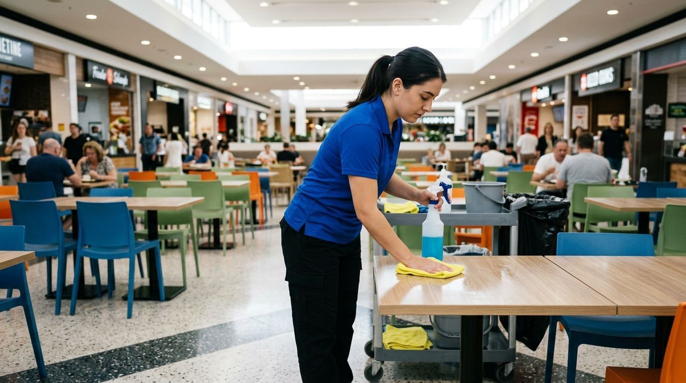 Cleaner wiping dining table and disinfecting surfaces in shopping mall food court in Eden Prairie, MN