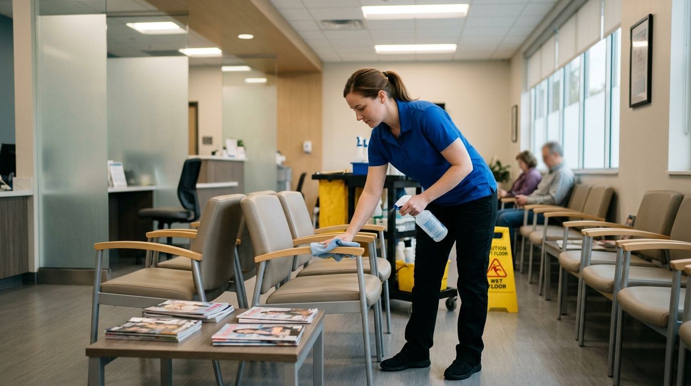 Cleaner wiping down waiting room chairs and surfaces in healthcare facility in Eden Prairie, MN