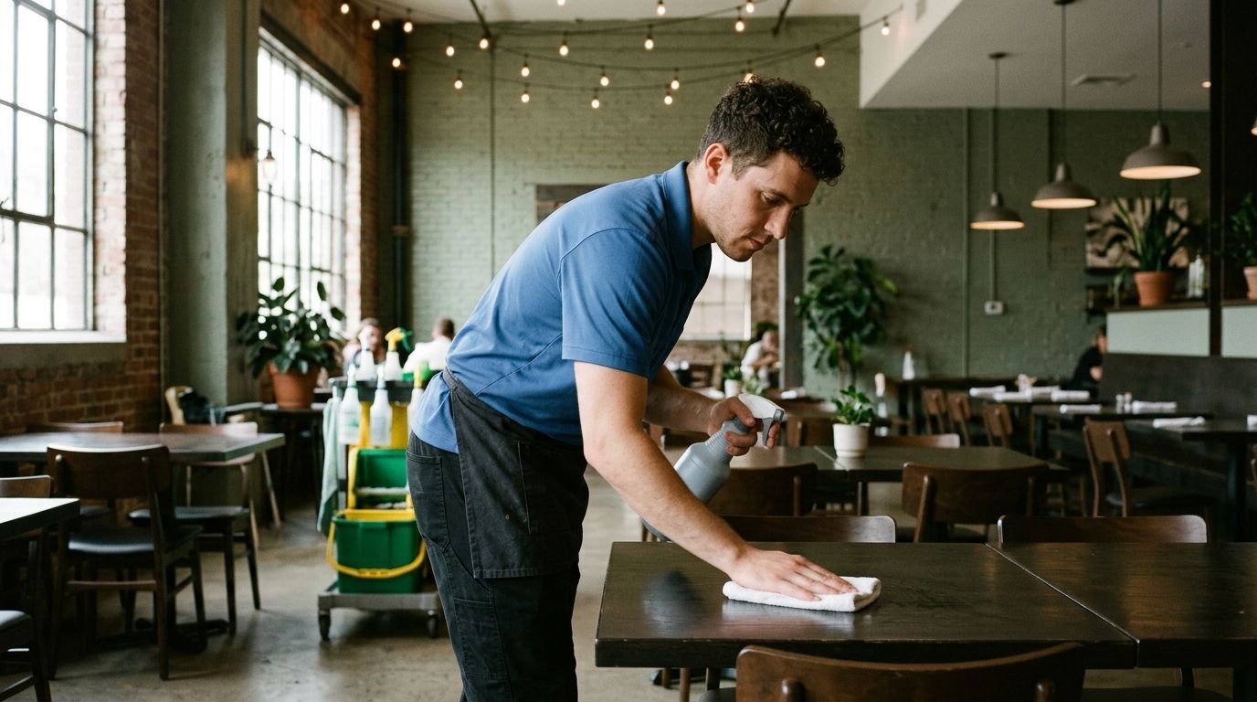 Cleaner wiping restaurant table surface in dining area of commercial facility in Eden Prairie, MN