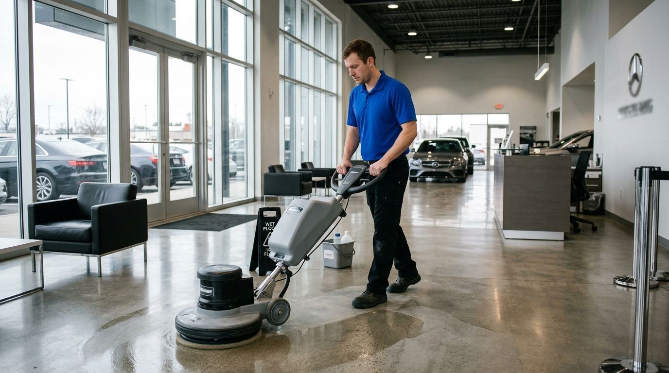 Worker operating floor scrubber in auto service bay area in Eden Prairie, MN