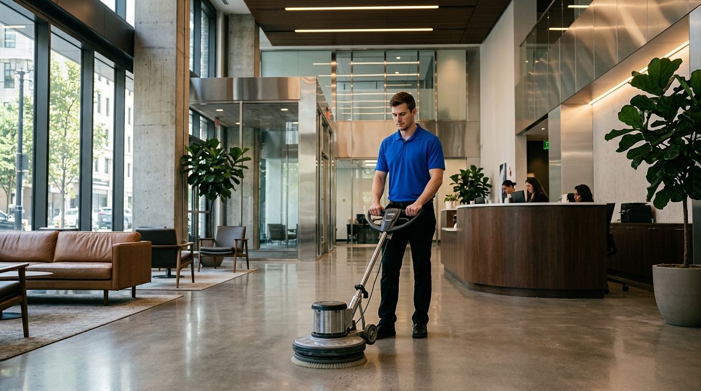 Worker operating floor buffer polishing lobby floor in commercial office building in Eden Prairie, MN