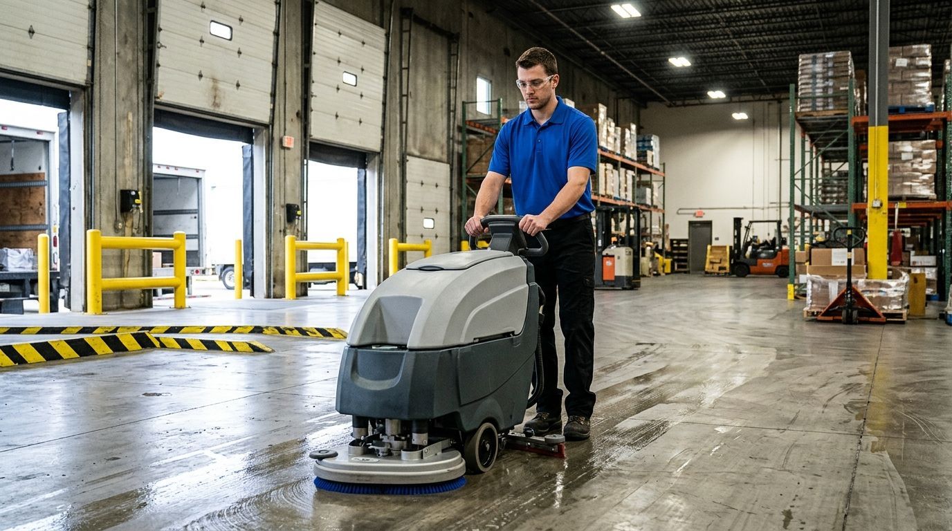 Worker operating industrial floor scrubber cleaning warehouse concrete floor in Eden Prairie, MN