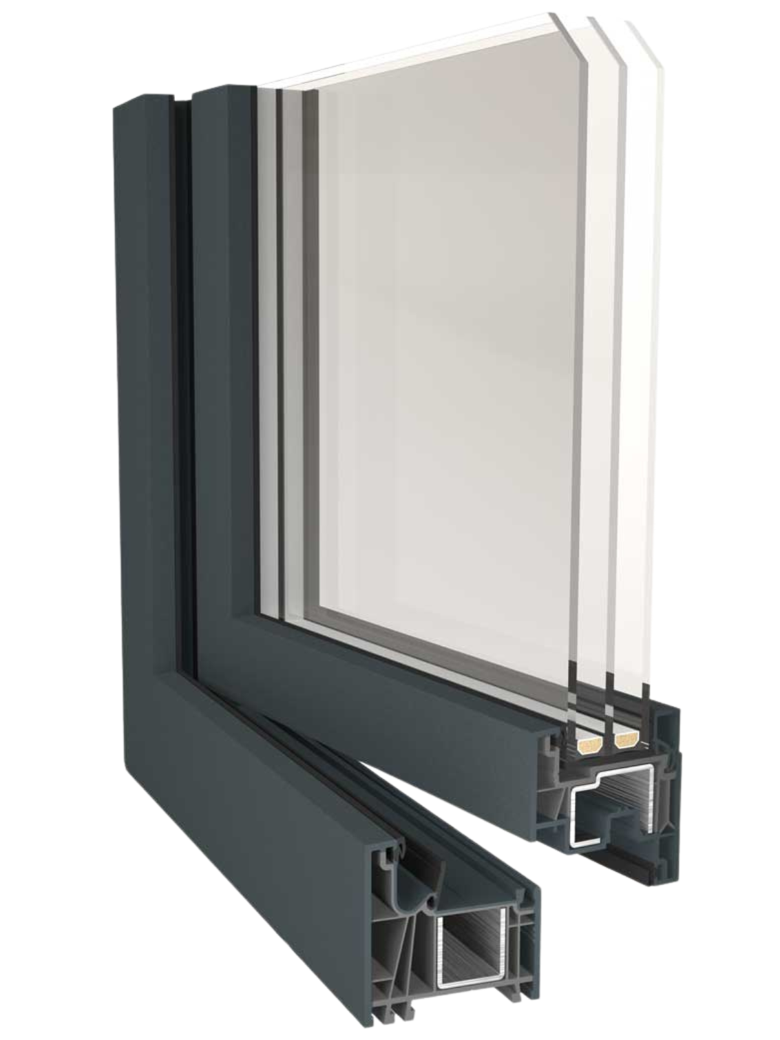 Primo piano di una finestra con tre strati di vetro.