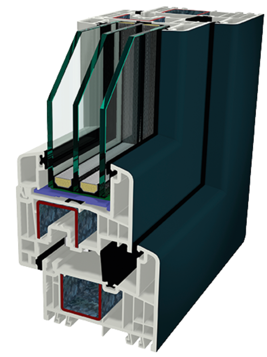 Una finestra blu e bianca con tre strati di vetro