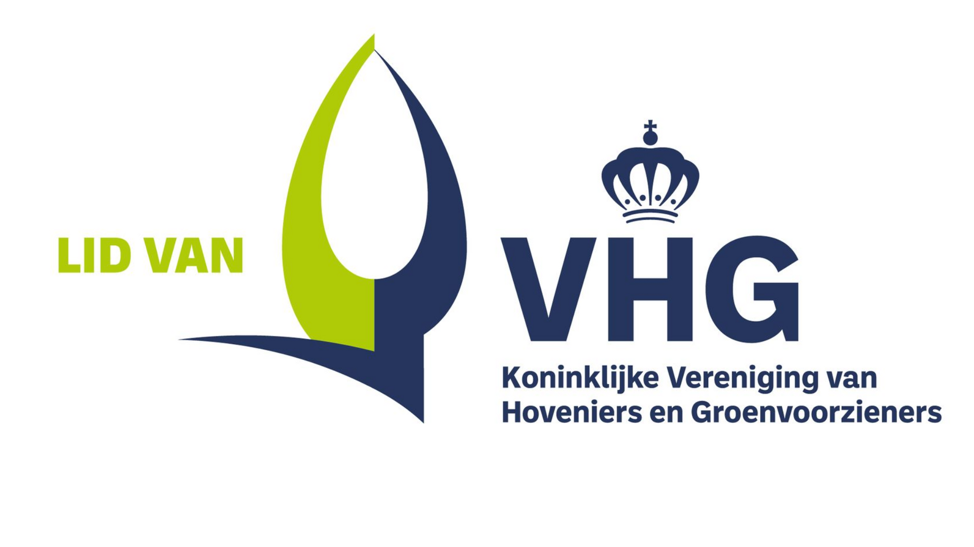 Logo van VHG, een Nederlandse hoveniersvereniging. Het logo bestaat uit een kroon, een gestileerde vlam en de tekst: 