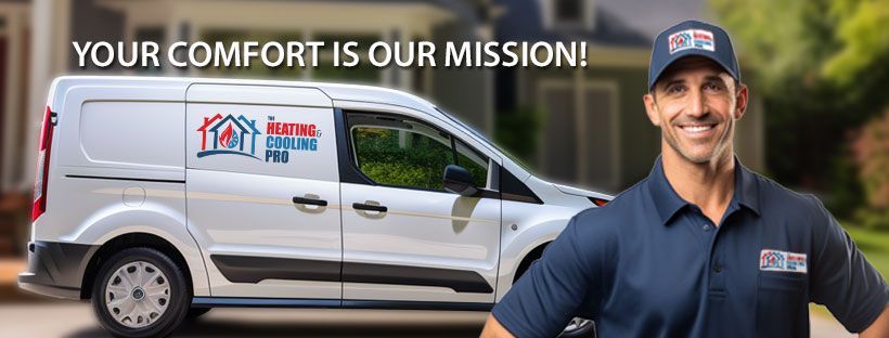 A man is standing in front of a van that says `` your comfort is our mission ''.