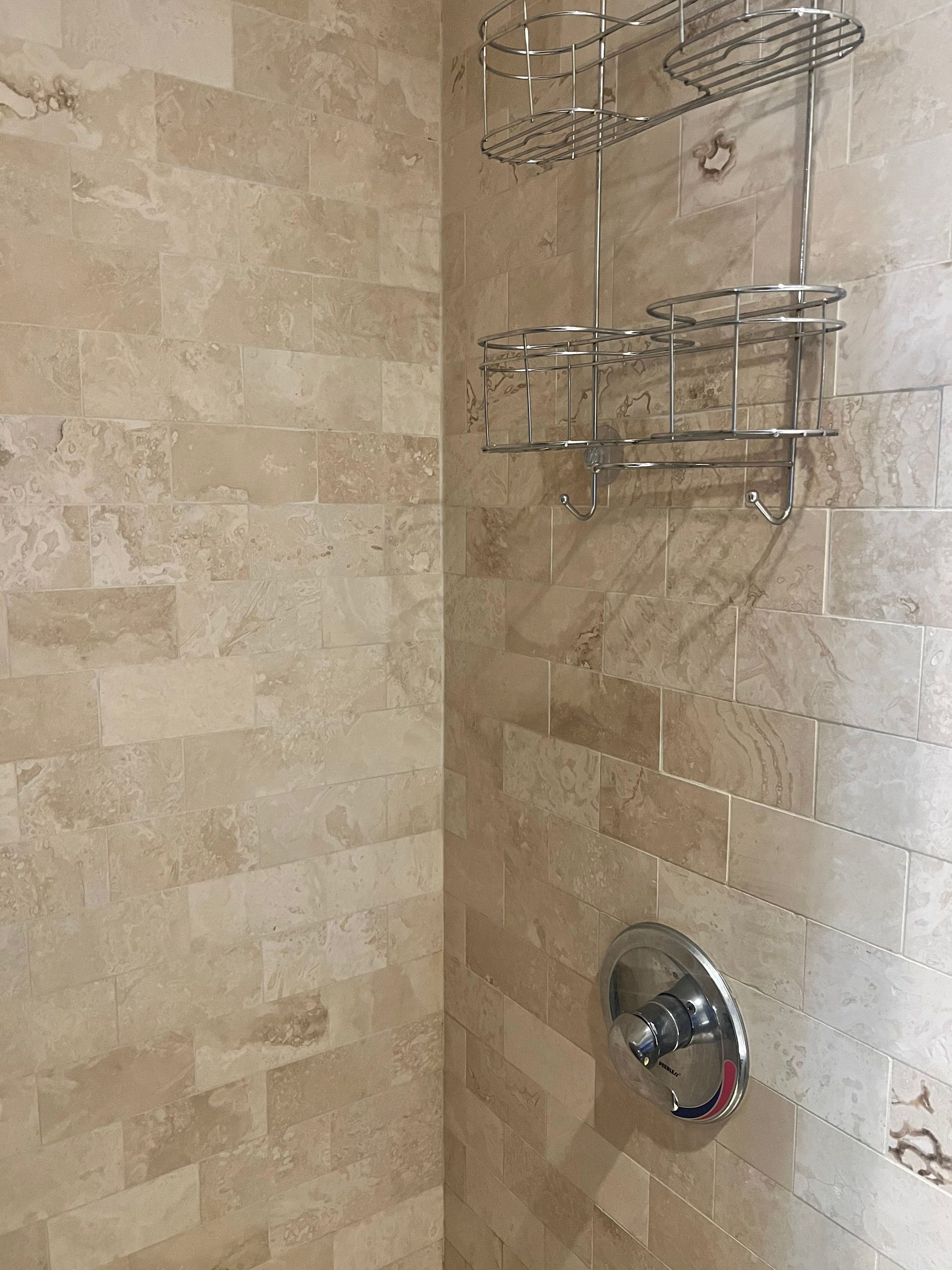 A shower with a stainless steel shower head and a stainless steel shower rack.