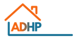 An orange house outline above the text