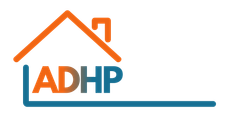 An orange house outline above the text