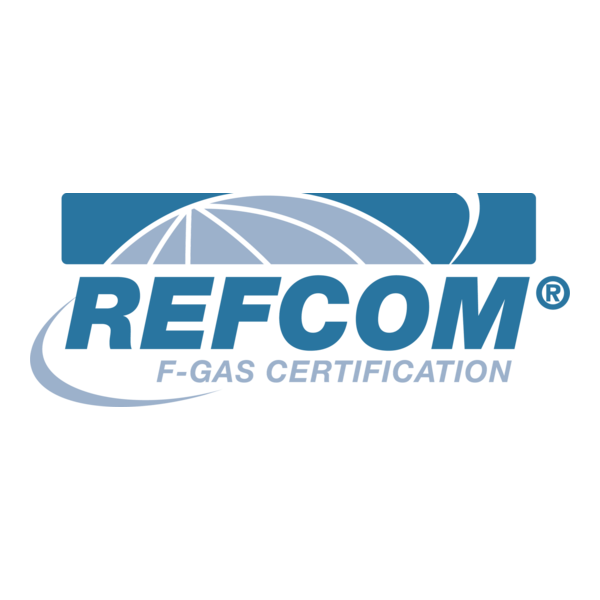 REFCOM F-Gas Certification logo, blue and grey, featuring a stylized globe and the organization's name.