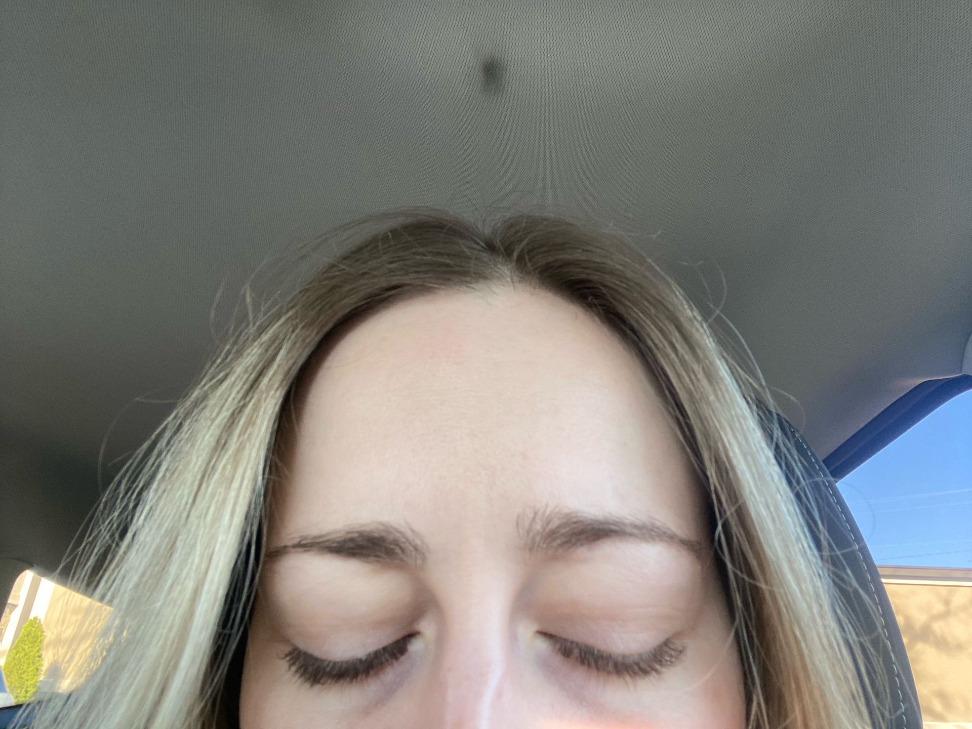 Close-up of a woman with closed eyes, fair skin, and light-brown hair with blonde highlights; inside a car.