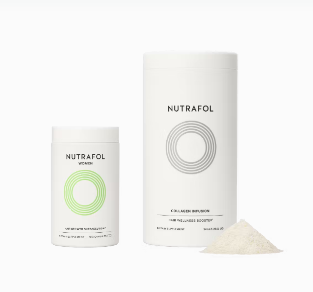 Two white Nutrafol supplement containers with a powder pile; one small, one tall with concentric circles.