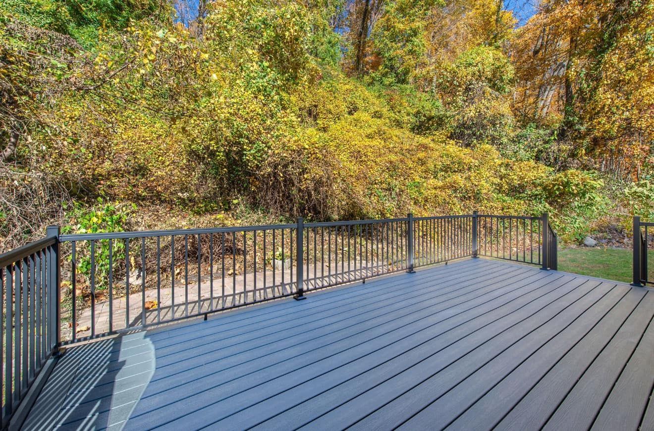 An empty deck with a railing and trees in the background.