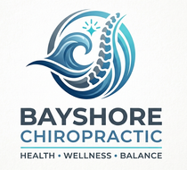 Bayshore Chiropractic logo with blue wave and spine icon, plus “Health • Wellness • Balance” text