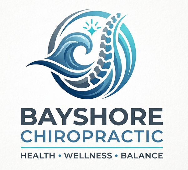 Bayshore Chiropractic logo in blue with wave and spine icon, plus tagline &ldquo;Health &bull; Wellness &bull; Balance&rdquo;