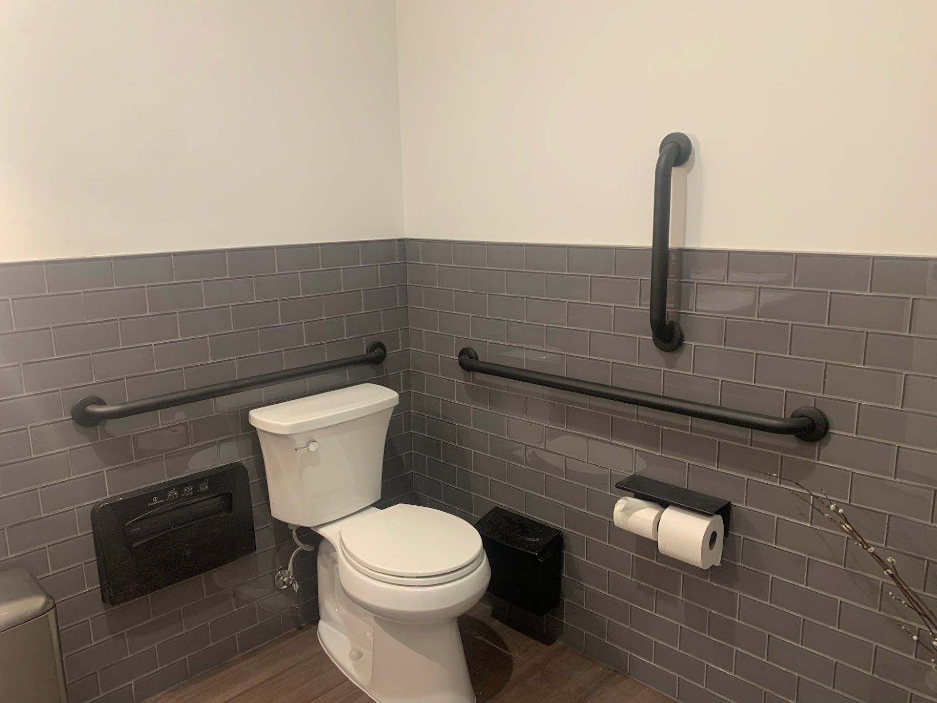 A bathroom with a toilet and handrails on the wall.