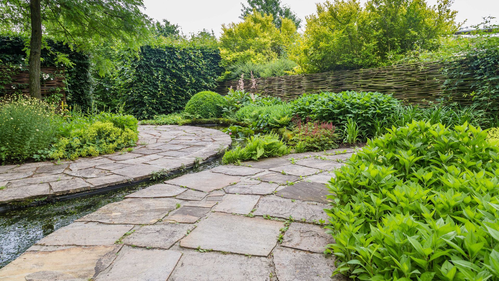 pathway with water element and surrounding garden