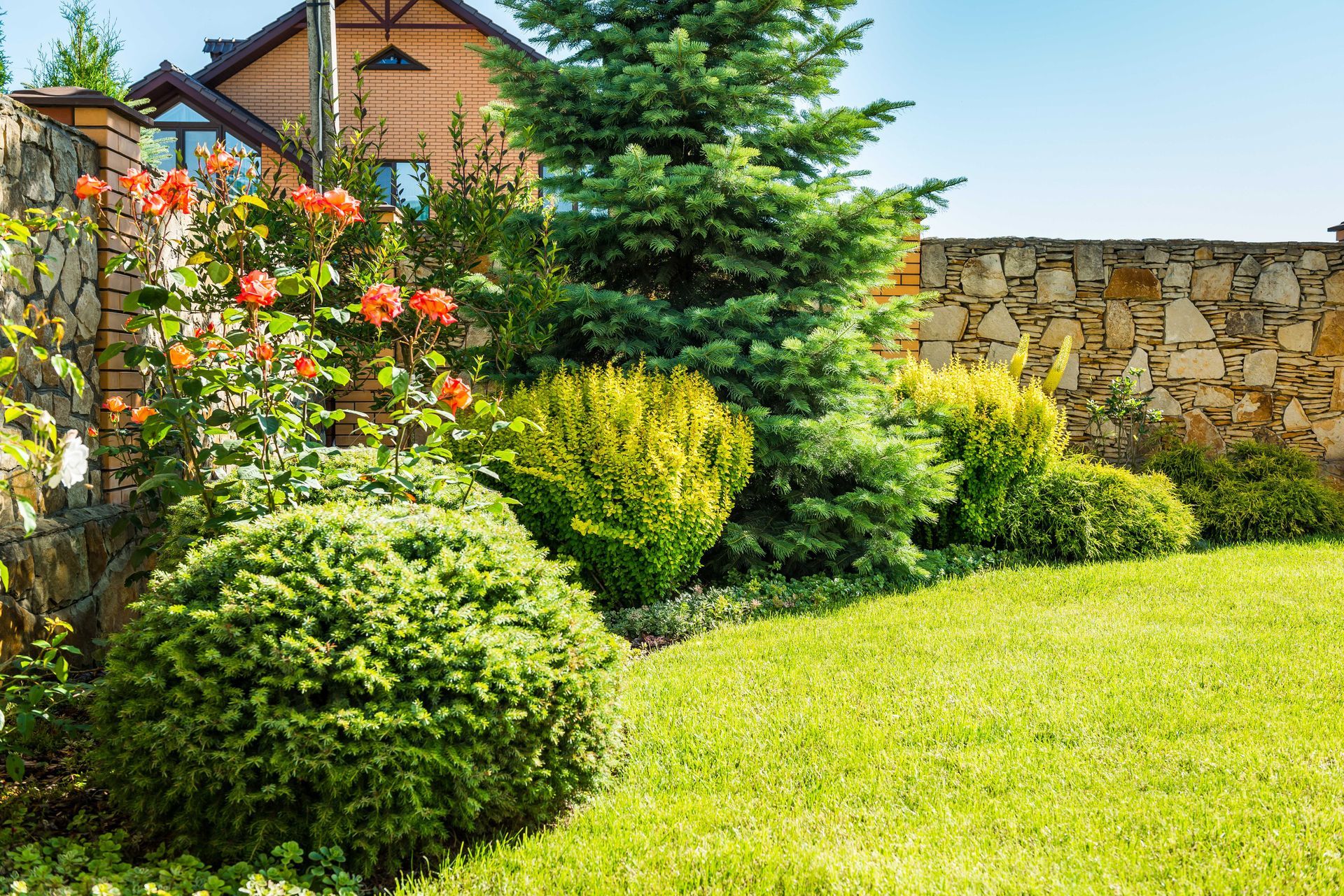 beautiful landscaped yard with plants and stone wall