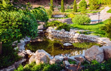 commercial landscape design with pond and walkways