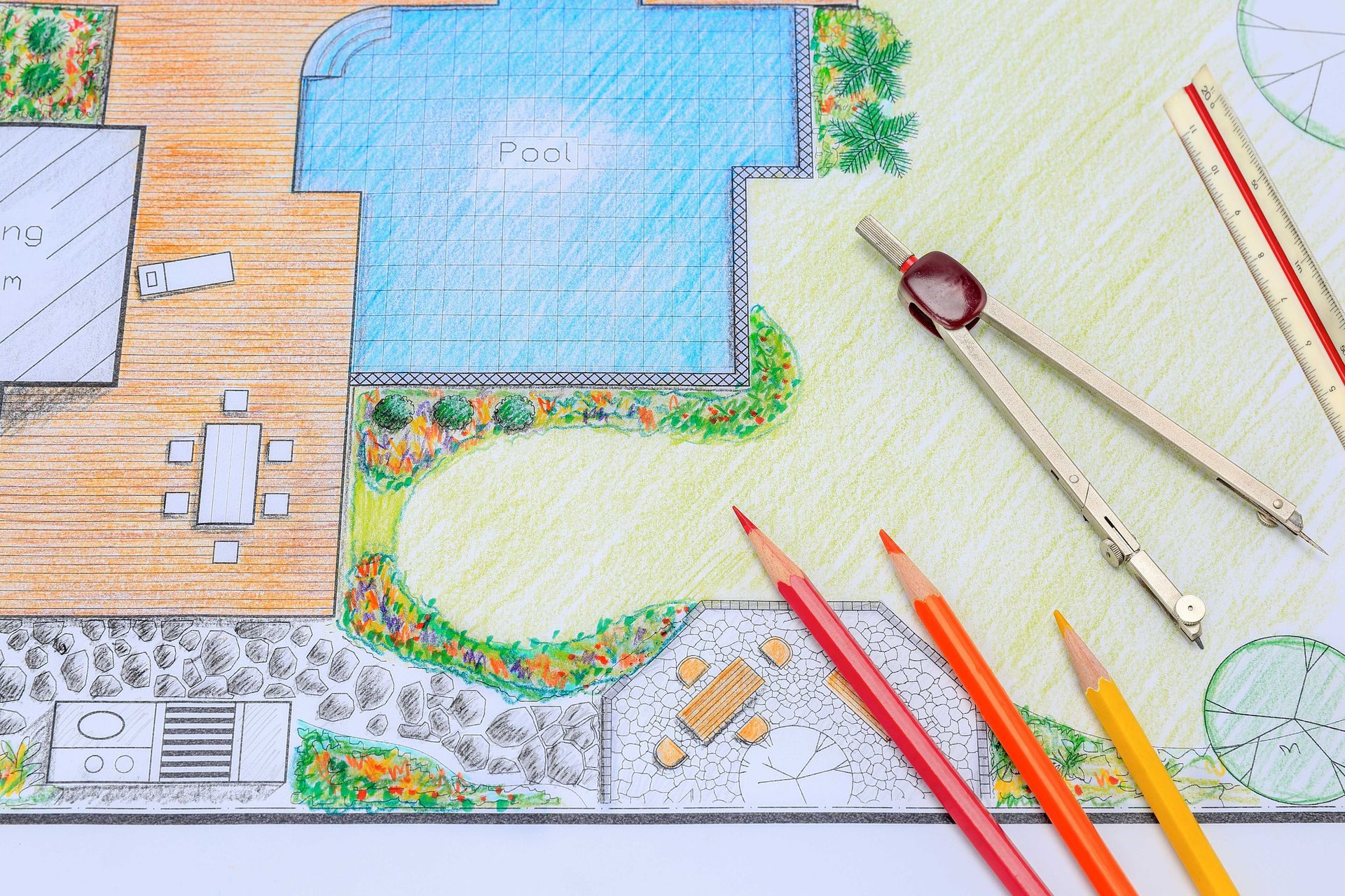 landscape plans for backyard garden and pool