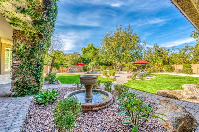 luxury design backyard with water fountain