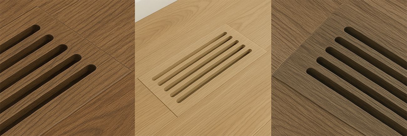 Close-up of three wooden surfaces with recessed ventilation slots.