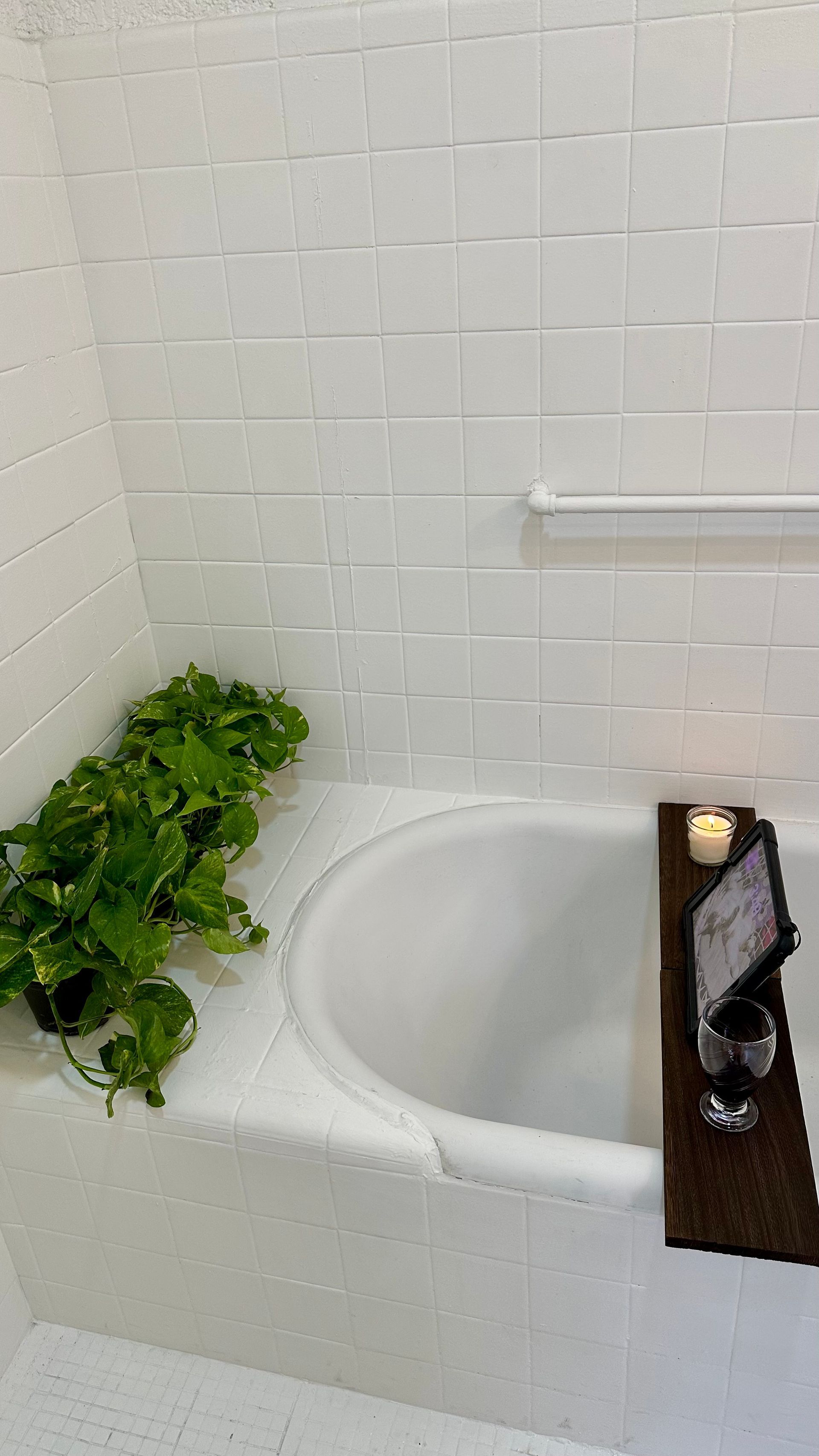 Una bañera con una planta y una vela encima en un baño.