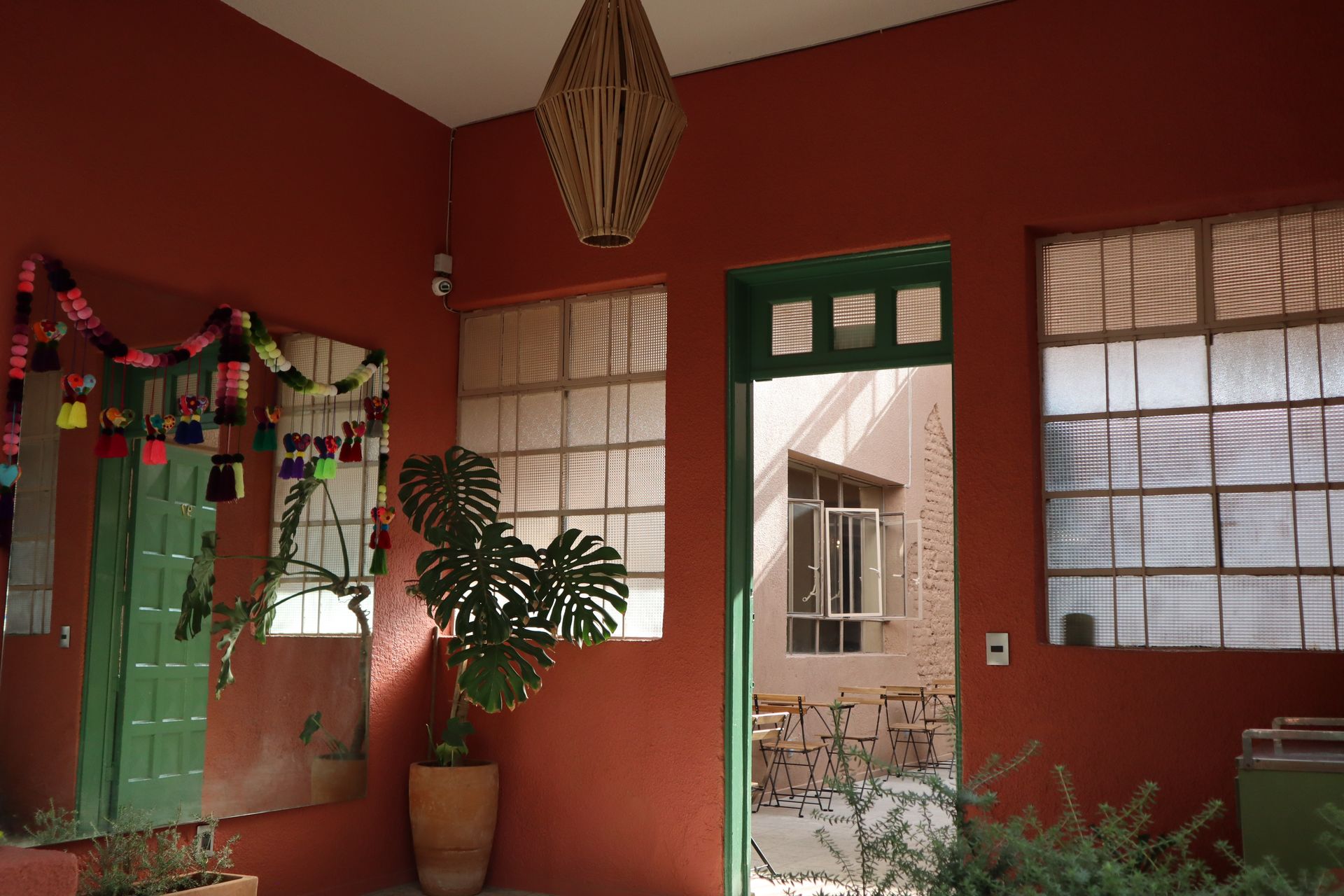 Una habitación con paredes rojas y una planta en una maceta.