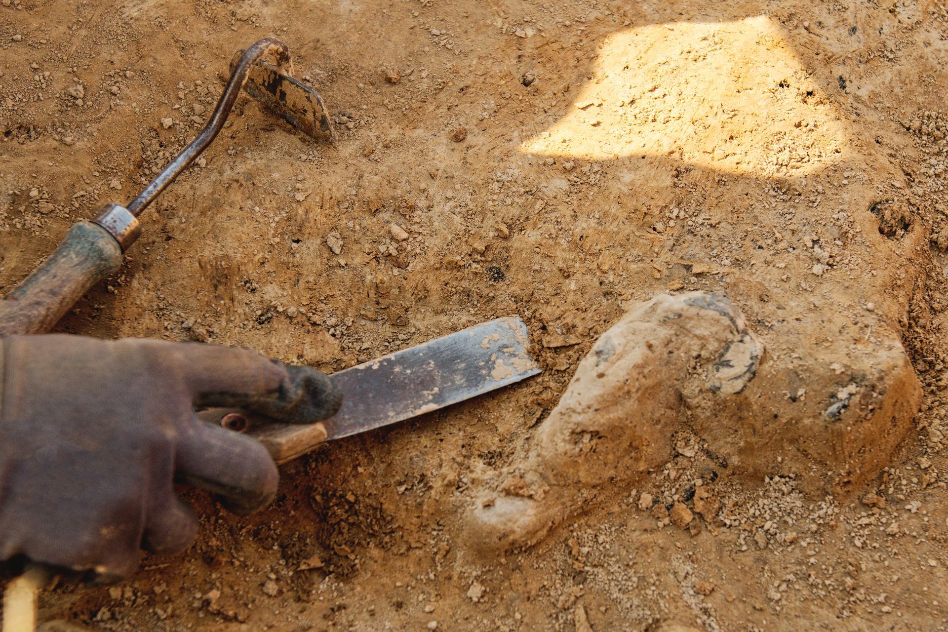Archeological tools, Archeologist working on site, hand and tool