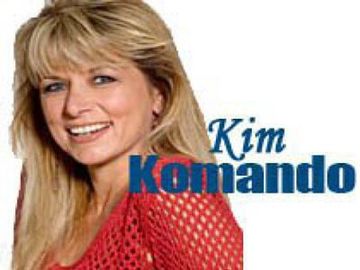Smiling woman in a red blouse beside the blue text “Kim Komando”