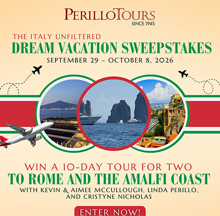 Perillo Tours Dream Vacation Sweepstakes ad for a 10-day Rome and Amalfi Coast trip, with Italy landmarks and plane