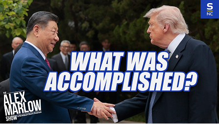 Trump and Xi Jinping shaking hands with text overlay: