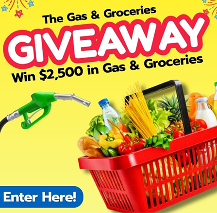 Gas and groceries giveaway ad with $2,500 prize, gas pump, grocery basket, and Enter Here button